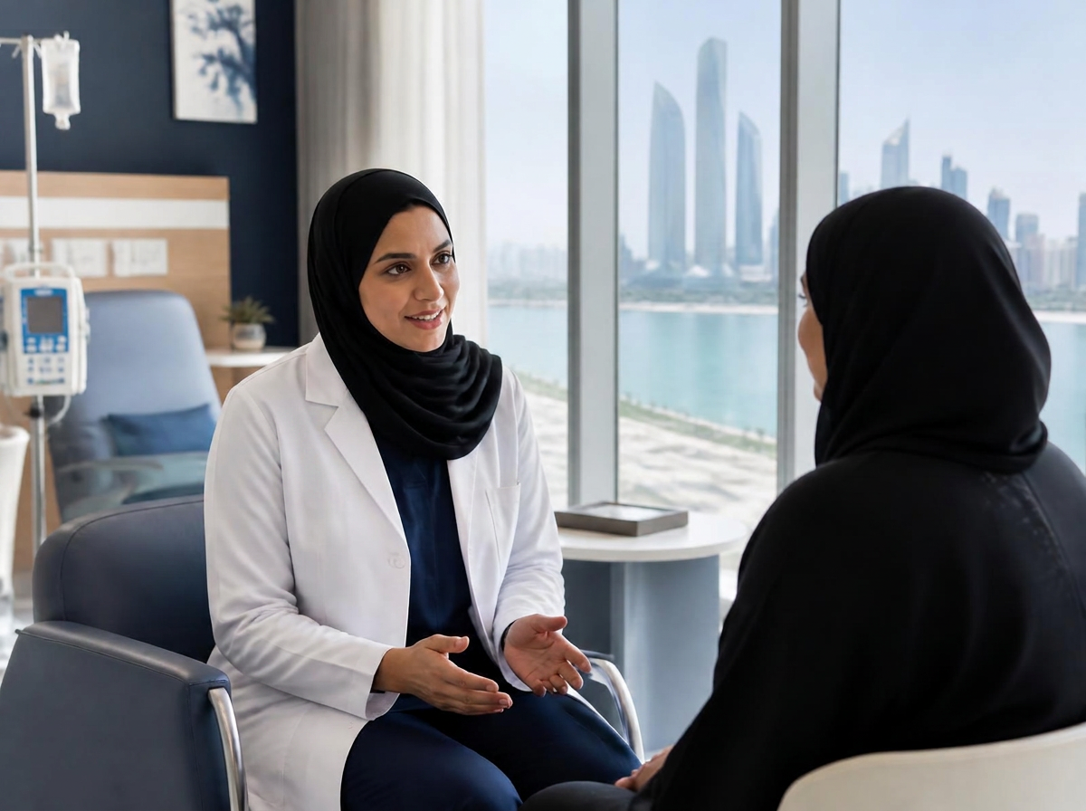 An Emirati oncologist speaking with a patient in a day-care oncology suite overlooking the Abu Dhabi Corniche