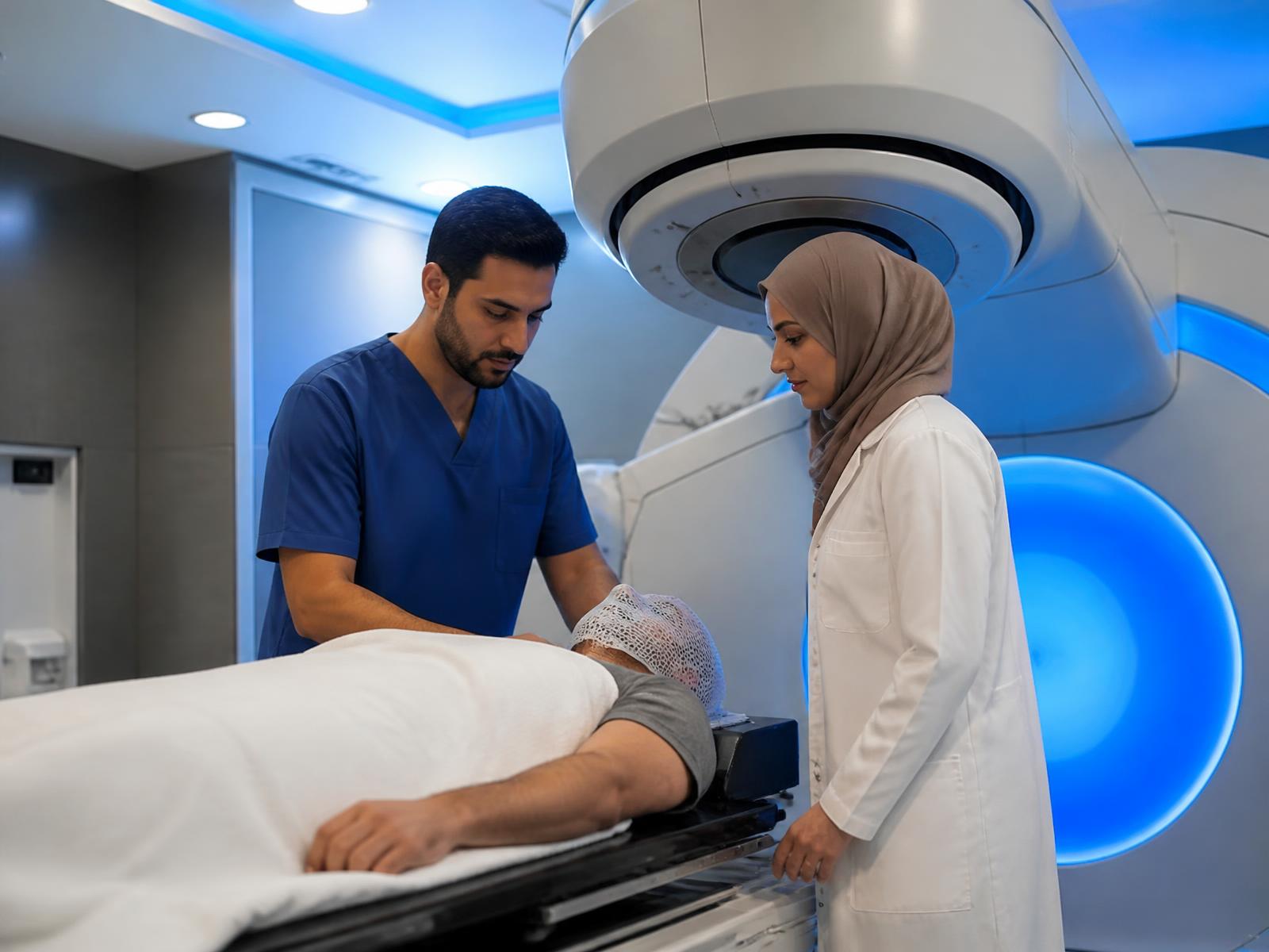 A radiation oncologist in scrubs and a colleague in a white coat positioning a patient at a linear accelerator