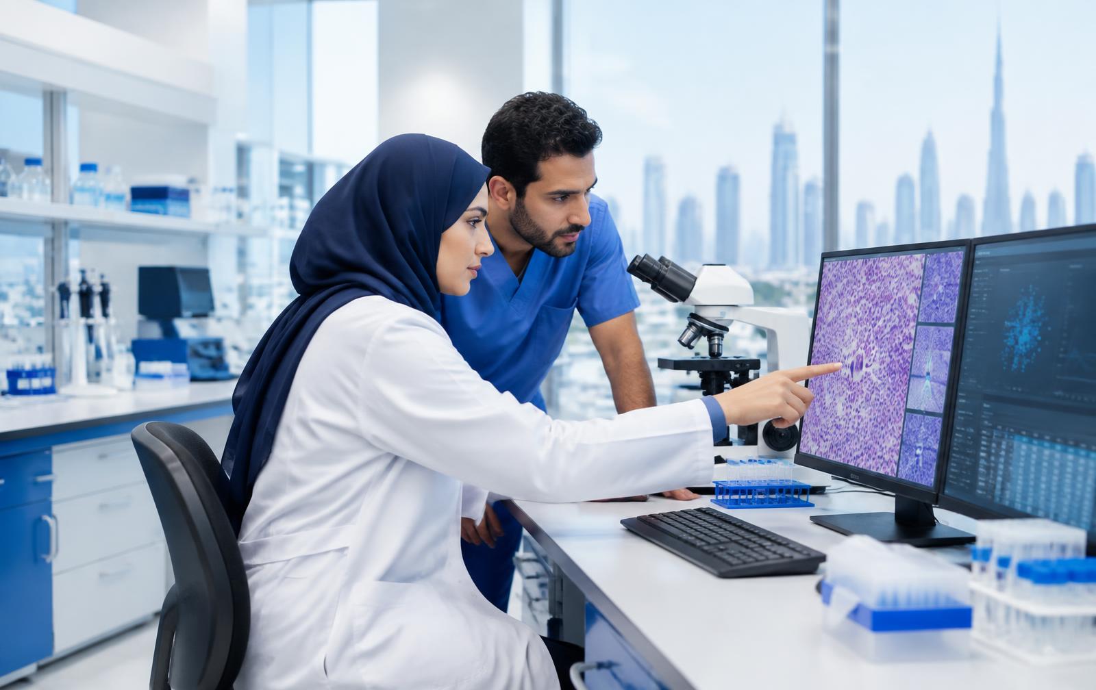 Two UAE clinicians, a woman in a lab coat and a man in scrubs, reviewing a pathology sample on screen in an oncology laboratory